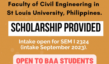 International Mobility to Faculty of Civil Engineering Technology in St Louis University, Philippines. Intake open for SEM I 23/24 (intake September 2023)